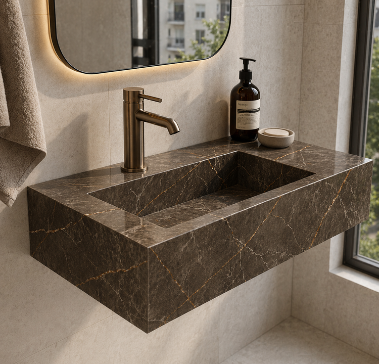 روشویی دیواری سرامیکی مشکی رگه طلایی مدل Noir Line 80