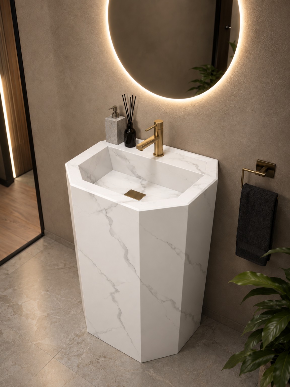 روشویی سرامیکی ایستاده CERAMADE مدل Prism Ivory با بدنه چندوجهی سفید