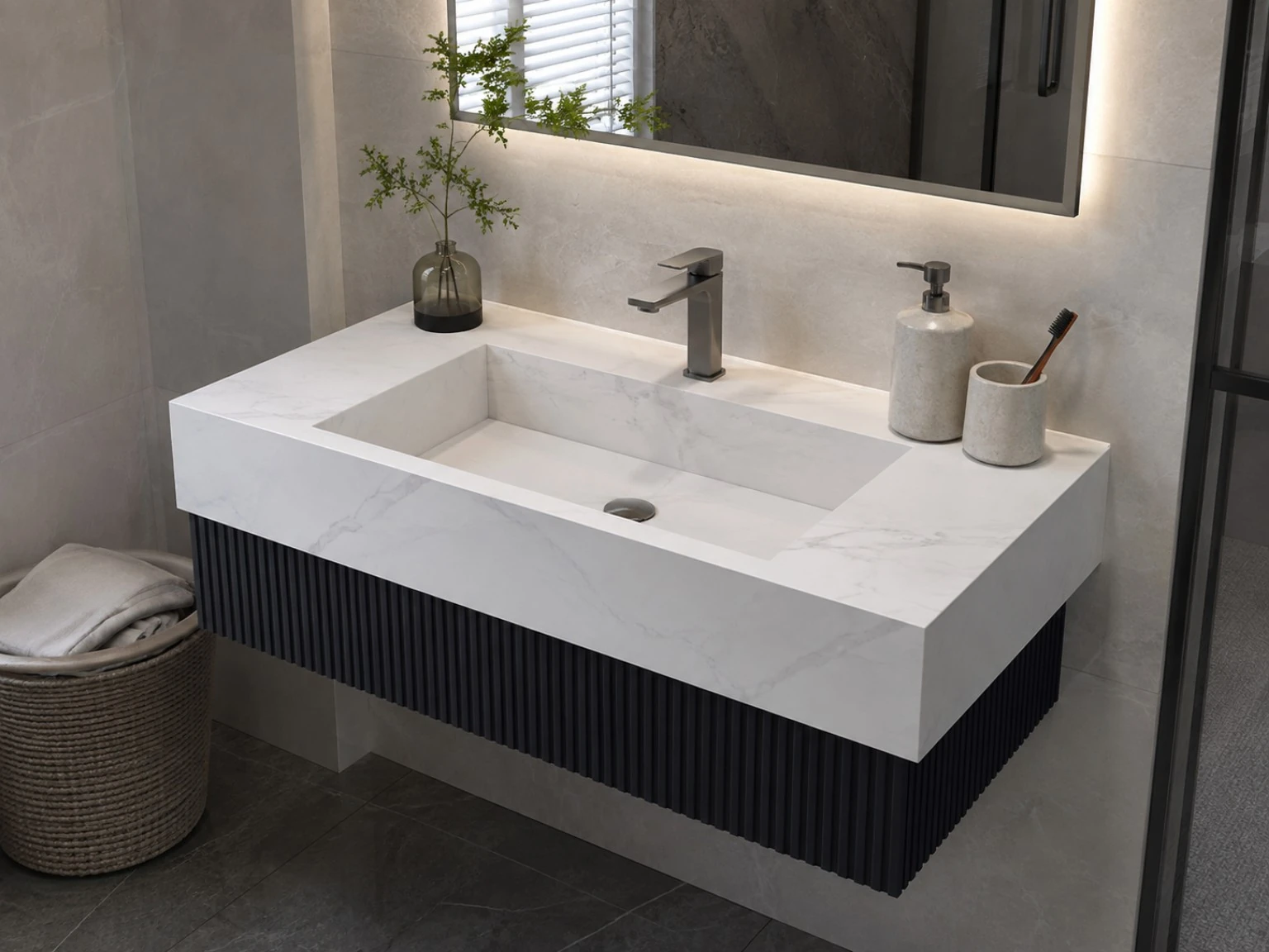 روشویی سرامیکی کابین‌دار CERAMADE مدل Flute Compact با رویه سفید و کابین شیاردار تیره