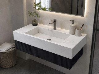 روشویی سرامیکی کابیندار CERAMADE مدل Flute Compact با رویه سفید و کابین شیاردار تیره