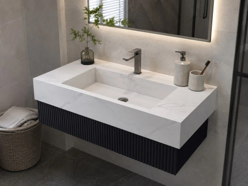 روشویی سرامیکی کابیندار CERAMADE مدل Flute Compact با رویه سفید و کابین شیاردار تیره