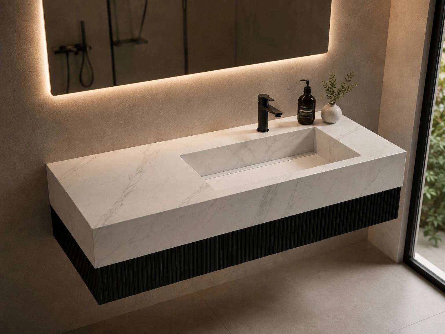 روشویی سرامیکی کابین‌دار عریض CERAMADE مدل Flute Wide با رویه سفید و کابین تیره