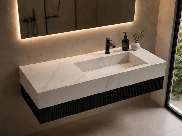 روشویی سرامیکی کابیندار عریض CERAMADE مدل Flute Wide با رویه سفید و کابین تیره
