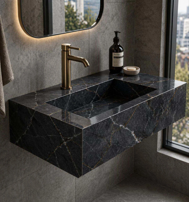روشویی سرامیکی دیواری مشکی CERAMADE مدل Noir Block با فرم باکسی و رگههای ظریف