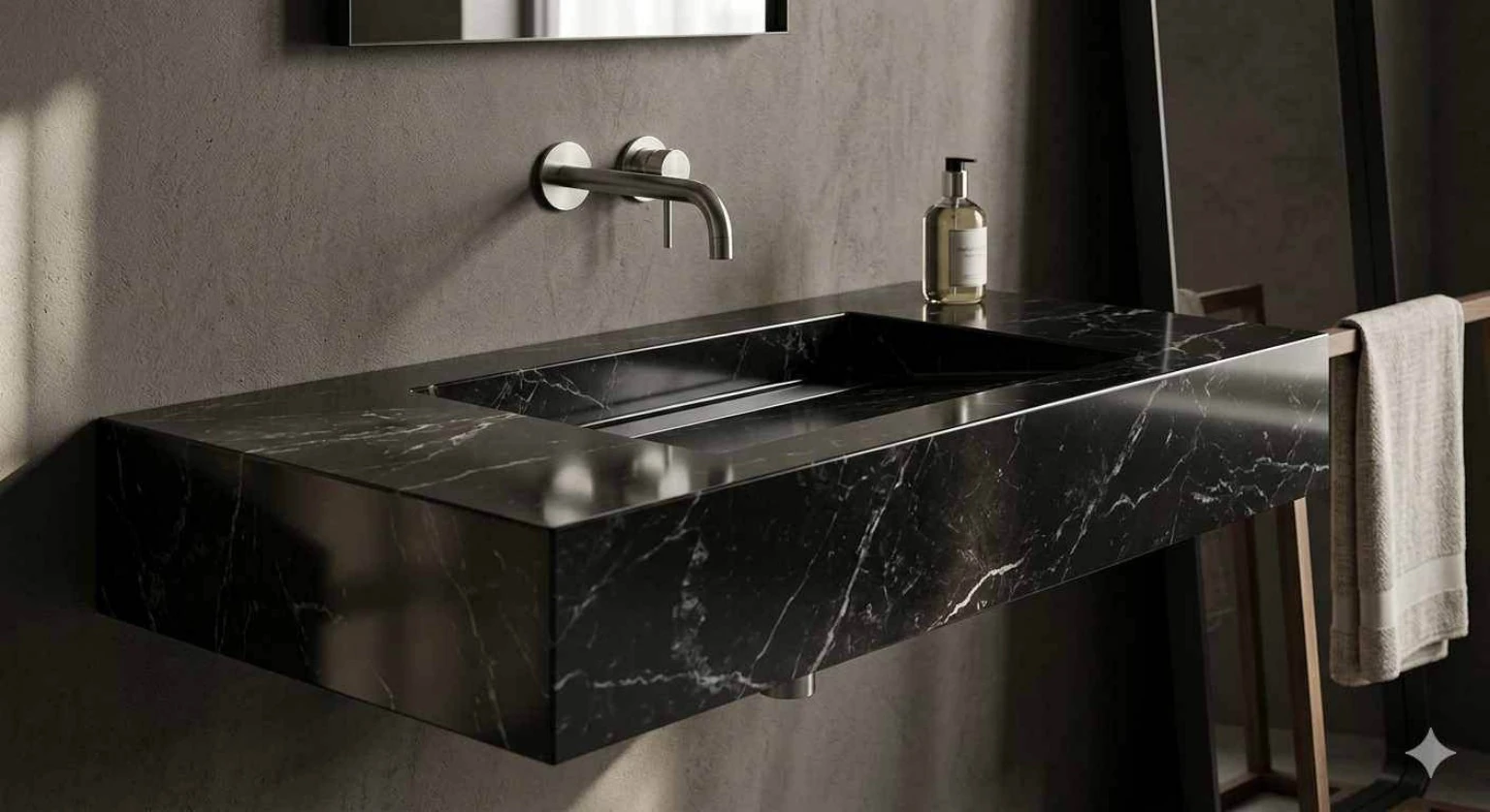 روشویی سرامیکی دیواری مشکی CERAMADE مدل Noir Rail با فرم کشیده و سطح جانبی