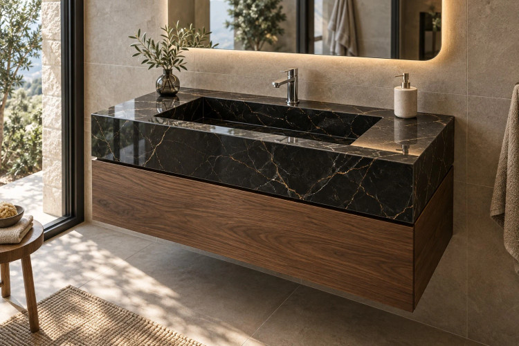 روشویی سرامیکی کابیندار عریض CERAMADE مدل Noir Timber با پرسلان مشکی رگهطلایی و کابین چوبی