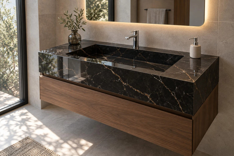 نمای سهربع روشویی سرامیکی مشکی رگهطلایی CERAMADE با کابین چوبی عریض