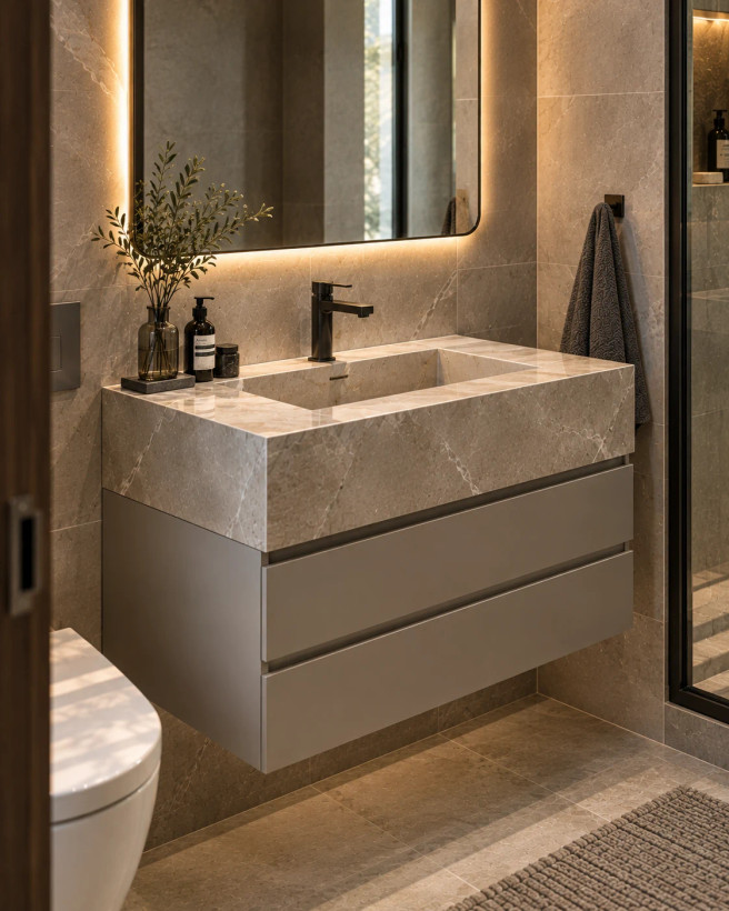 روشویی سرامیکی کابیندار دوکشو CERAMADE مدل Taupe Duo Drawer با پرسلان بژ روشن