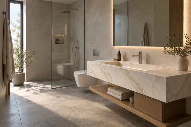 روشویی سرامیکی عریض شلفدار CERAMADE مدل Aurea Console با پرسلان سفید رگهطلایی و شلف چوبی