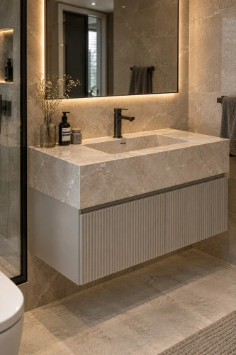 روشویی سرامیکی کابیندار دیواری CERAMADE مدل Flute Sand با پرسلان بژ روشن و کابین شیاردار