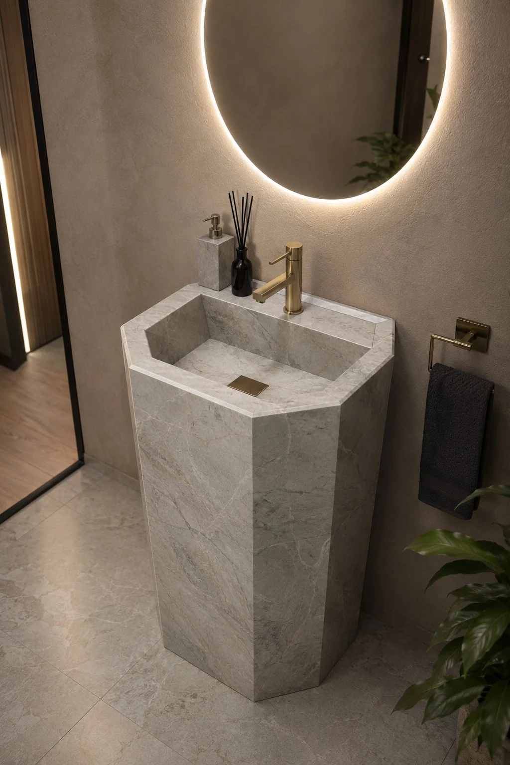 روشویی سرامیکی ایستاده چندوجهی CERAMADE مدل Prism Stone با پرسلان روشن