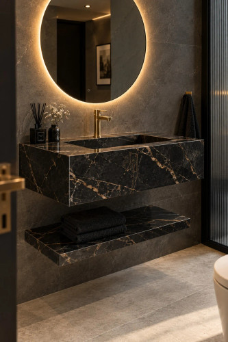 روشویی سرامیکی دیواری شلفدار CERAMADE مدل Noir Ledge با پرسلان مشکی رگهطلایی