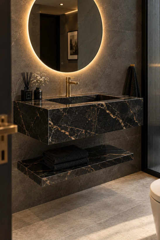 روشویی سرامیکی دیواری شلفدار CERAMADE مدل Noir Ledge با پرسلان مشکی رگهطلایی