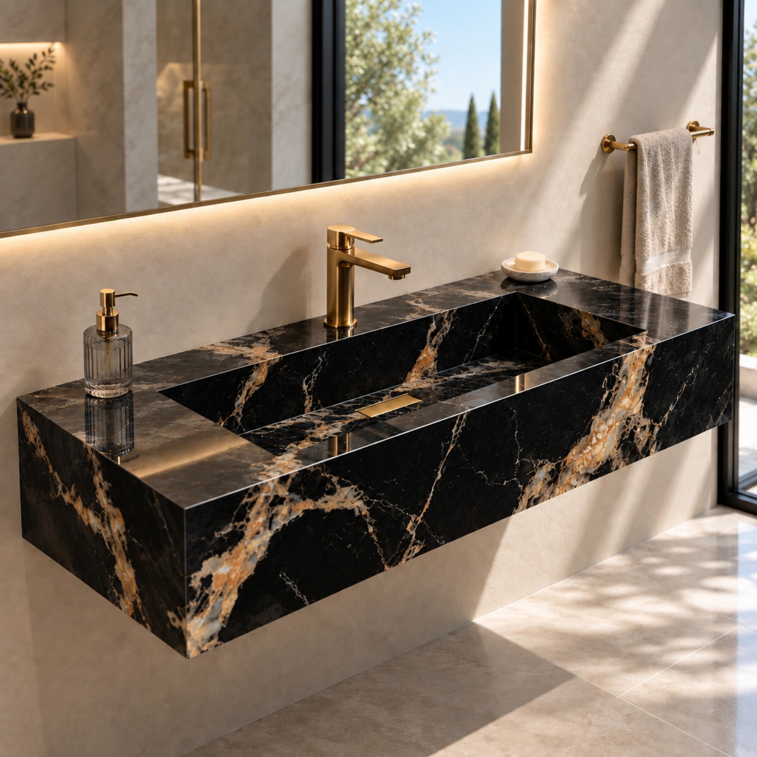 روشویی سرامیکی دیواری CERAMADE مدل Aura Nero Oro با زمینه مشکی و رگه‌های گرم طلایی
