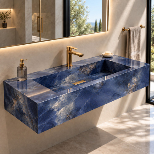 روشویی سرامیکی دیواری CERAMADE مدل Aura Cobalt با طرح آبی کبالت و رگههای روشن