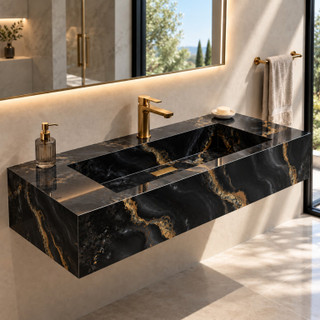 روشویی سرامیکی دیواری CERAMADE مدل Aura Obsidian Gold با زمینه مشکی براق و رگههای طلایی روان