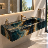 روشویی سرامیکی دیواری CERAMADE مدل Aura Teal Flux با زمینه سبز آبی عمیق و رگههای درخشان طلایی