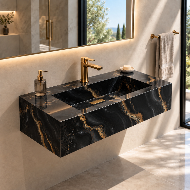روشویی سرامیکی دیواری CERAMADE مدل Aura Obsidian Gold سایز ۷۰ سانتیمتر