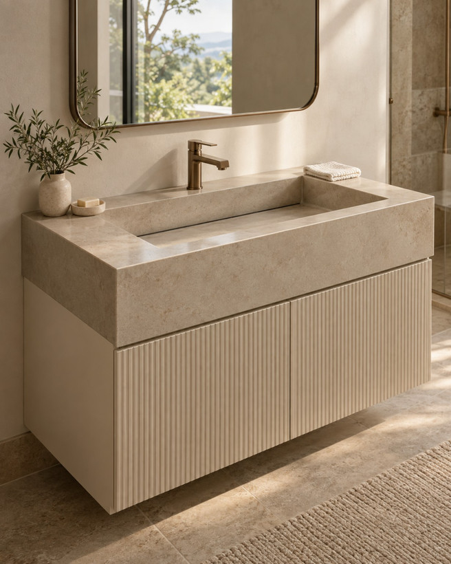 روشویی سرامیکی کابیندار دیواری CERAMADE مدل Flute Sand با درب شیاردار کرم