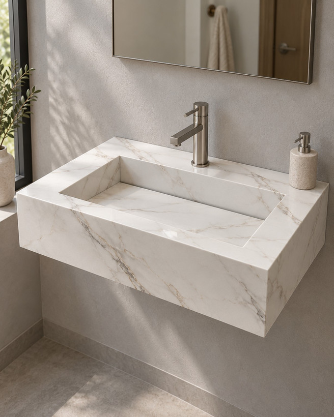 روشویی سرامیکی دیواری CERAMADE مدل Aura Bianco نمای جدید با تکسچر سفید رگه خاکستری