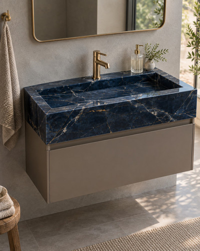 روشویی سرامیکی کابیندار دیواری CERAMADE مدل Cobalt Taupe با پرسلان آبی تیره و کابین تاوپ