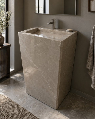 روشویی سرامیکی ایستاده CERAMADE مدل Dune Pedestal با پرسلان سنگی بژ روشن و بدنه پایهدار