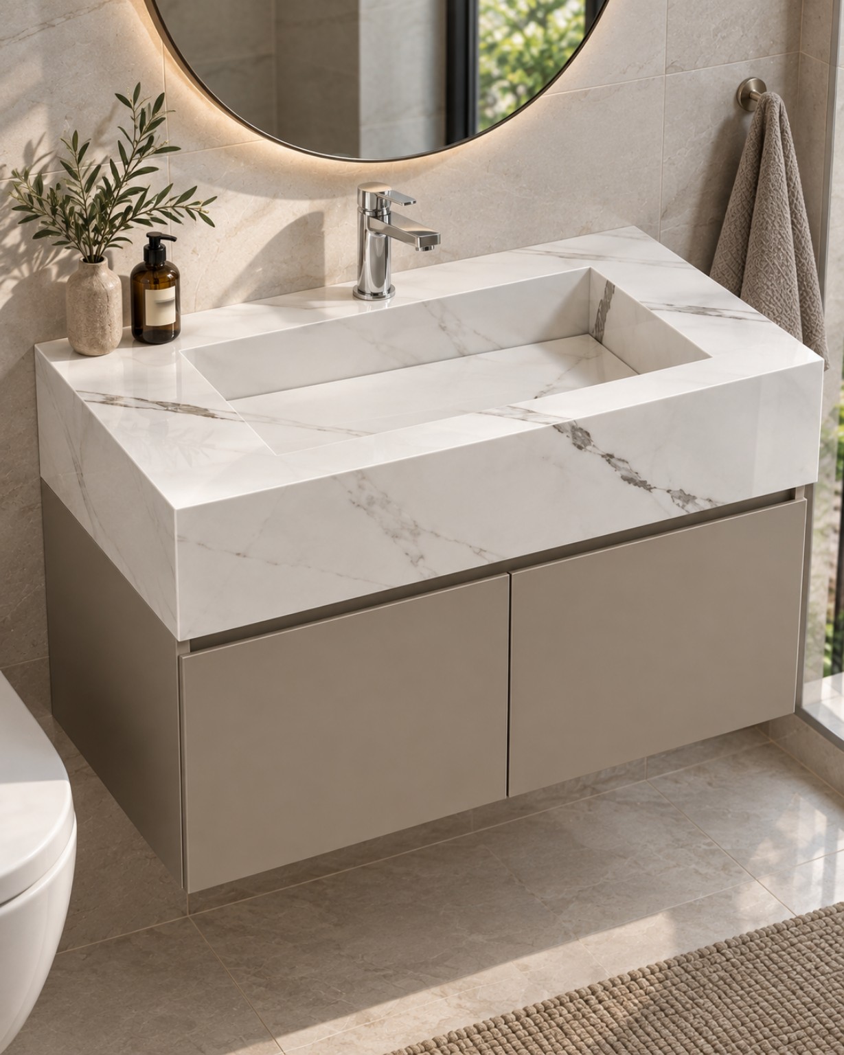 روشویی سرامیکی کابین‌دار دیواری CERAMADE مدل Bianco Duo با پرسلان سفید رگه‌دار و کابین دو درب