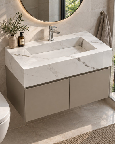 روشویی سرامیکی کابیندار دیواری CERAMADE مدل Bianco Duo با پرسلان سفید رگهدار و کابین دو درب
