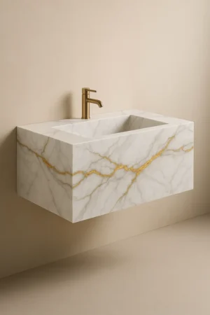 Ceramade-vanity Lunar روشویی سرامیکی دیواری (شناور) یکپارچه | ۶۰×۴۵ | سفید با رگههای طلایی | مدل Lunar | کد CM-VS-006 | بدون کابینت