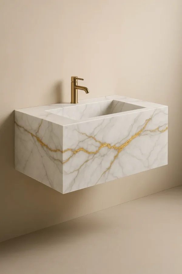 روشویی سرامیکی دیواری (شناور) یکپارچه | ۶۰×۴۵ | سفید با رگه‌های طلایی | مدل Lunar | کد CM-VS-006 | بدون کابینت