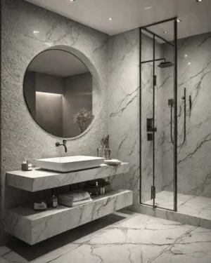 ceramade-vanity-set-arc-01 ست روشویی سرامیکی دیواری شلفدار دو طبقه | ۵۵×۴۰ | مدل Arc | طرح سنگ روشن رگه خاکستری | کد CM-VS-011 | بدون کابینت