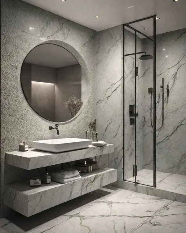 ست روشویی سرامیکی دیواری شلف‌دار دو طبقه | ۵۵×۴۰ | مدل Arc | طرح سنگ روشن رگه خاکستری | کد CM-VS-011 | بدون کابینت