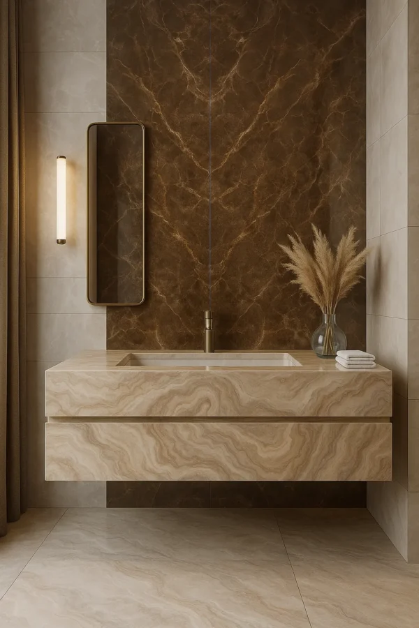 روشویی سرامیکی دیواری (شناور) شلف‌دار دو تکه | ۵۵×۴۰ | کرم/بژ روشن با رگه‌های موجی | مدل Monolith | کد CM-VS-012 | بدون کابینت