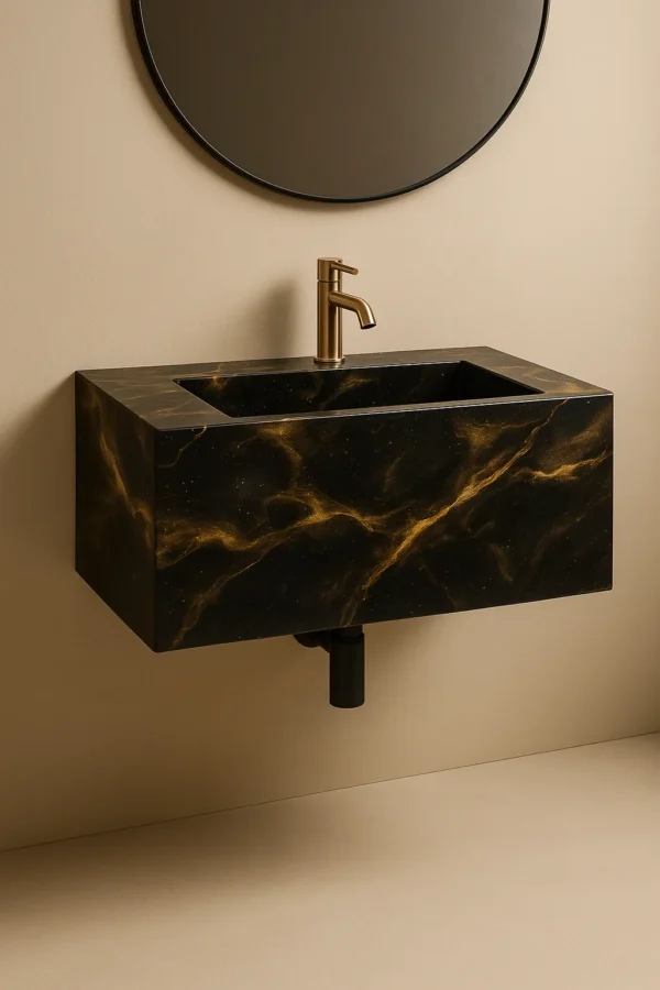 روشویی سرامیکی دیواری (شناور) | ۵۵×۴۰ | مدل Nero Veil | مشکی با رگه‌های طلایی | کد CM-VS-004 | بدون کابینت