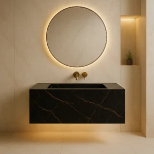 ceramade-vanity-set-noire-gold-01 روشویی سرامیکی دیواری (شناور) | ۵۵×۴۰ | Noire Gold | مشکی رگه طلایی | کد CM-VS-001 | بدون کابینت