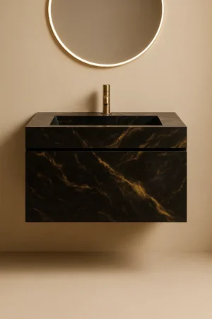 ceramade-vanity-set-vanta-01 روشویی سرامیکی دیواری (شناور) یکپارچه | ۵۵×۴۰ | مشکی با رگههای طلایی | مدل Vanta | کد CM-VS-009 | بدون کابینت