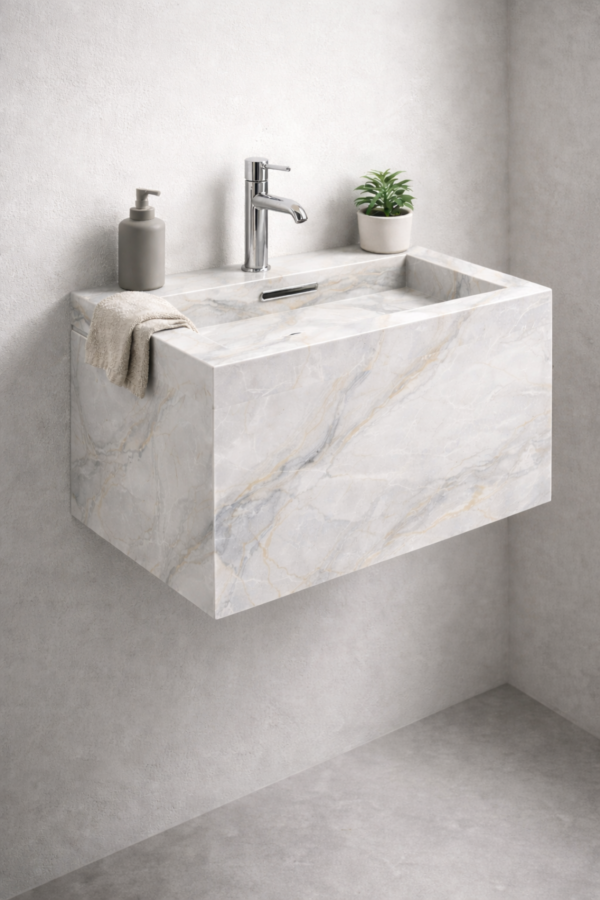 روشویی سرامیکی مدرن بدون پایه و طراحی مینیمالیستی برای سرویس‌های بهداشتی کوچک