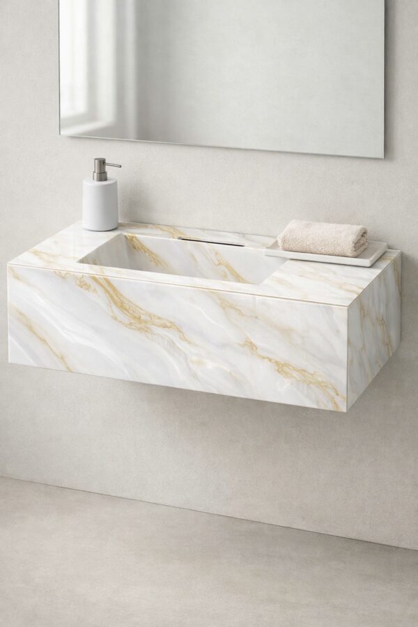 روشویی سرامیکی دیواری ۶۰×۴۵ سفید با رگه‌های طلایی (یکپارچه) – Ceramade